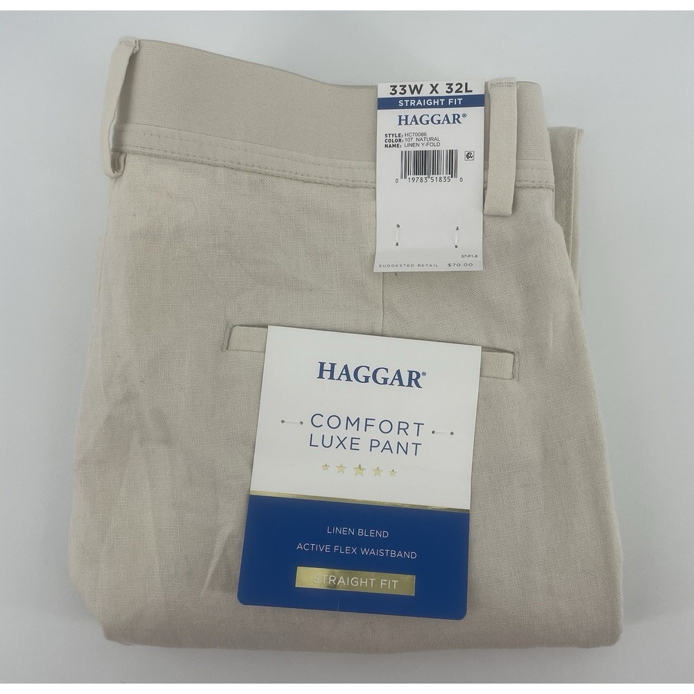 Haggar Comfort Luxe Pant 33x32 Natural Linen Blend Active Flex Straight Fit NWT
